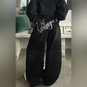 Black Wide-Leg Jeans with Embroidered Back Script
